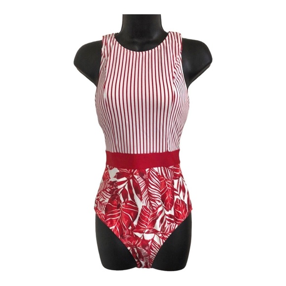 Cupshe red & white striped banded waist red floral open back 1pc swimsuit size M - Picture 14 of 14